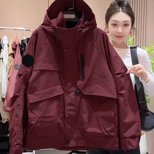 美式宽松纯色冲锋衣加棉妈妈装女