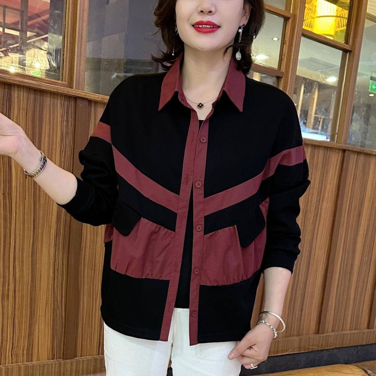 宽松洋气长袖撞色衬衫妈妈装女士图片