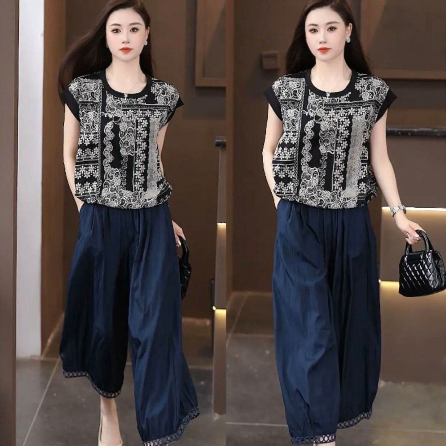 时尚妈妈休闲短袖套装女夏季新款宽松复古圆领上衣+阔腿裤两件套,女装/女士精品,时尚套装,淘宝优惠券,粉丝福利购,淘宝优惠卷
