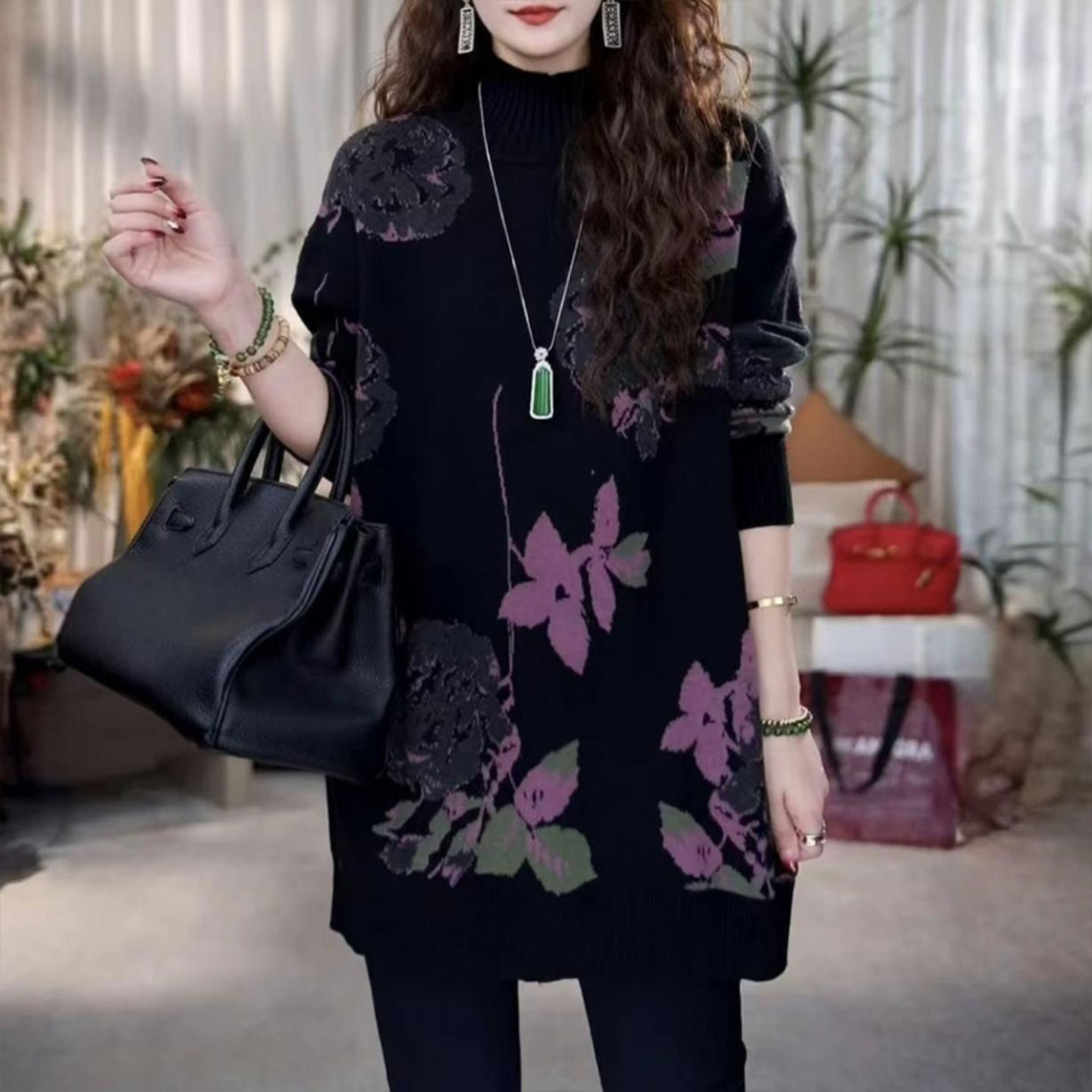 洋气中长款提花针织上衣女2026冬季新款宽松遮肉显瘦妈妈装打底衫