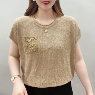 新款 t恤中年妈妈装 短袖 针织衫 宽松女士 薄款 勾花刺绣圆领2023夏季