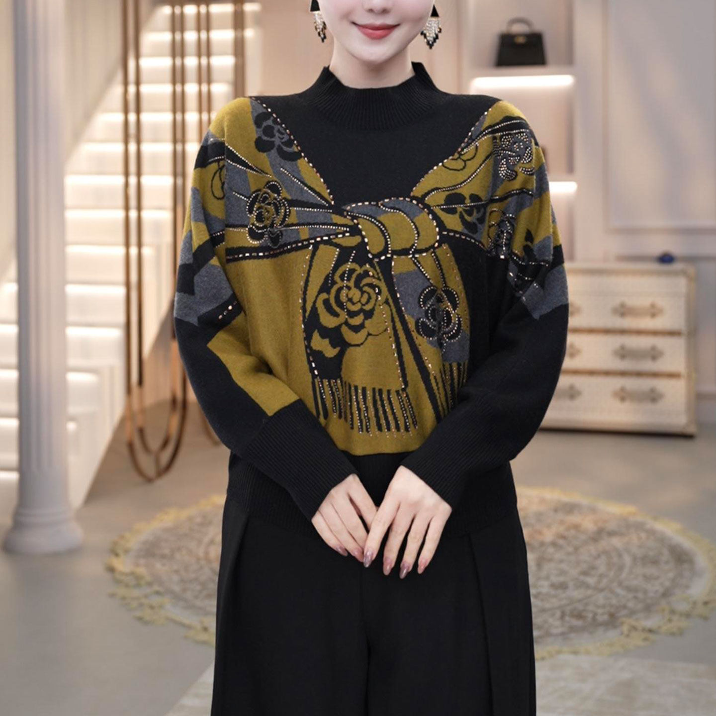 时尚设计感拼色提花烫钻毛衣女2025冬季新款宽松显瘦洋气针织上衣,女装/女士精品,毛针织衫,淘宝优惠券,粉丝福利购,淘宝优惠卷