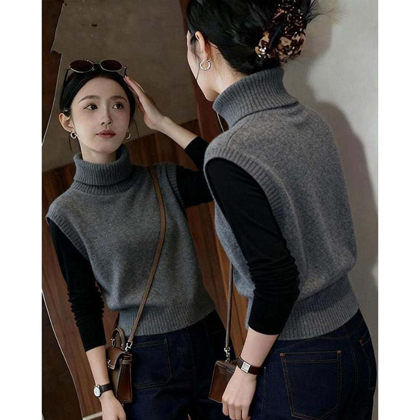 时尚假两件撞色拼接长袖针织衫秋冬新款宽松百搭高领打底衫上衣女,女装/女士精品,毛针织衫,淘宝优惠券,粉丝福利购,淘宝优惠卷