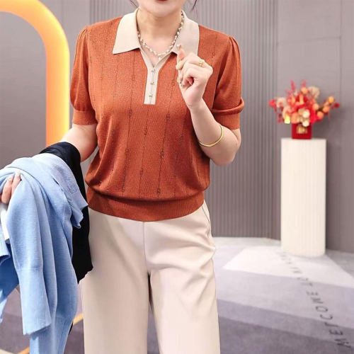 高端时尚撞色翻领针织衫薄款女装