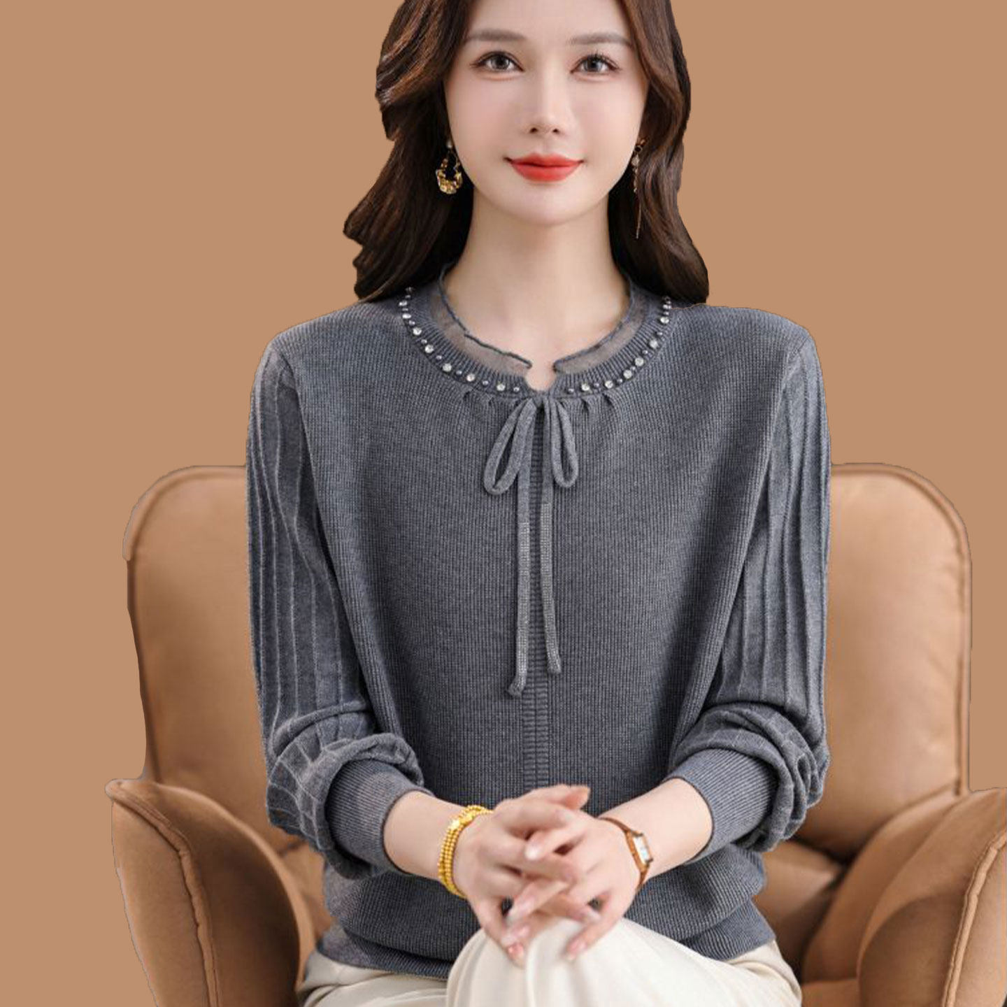 妈妈时尚减龄长袖纯色针织衫2025秋冬新款宽松显瘦百搭打底上衣女