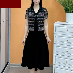 新款 连衣裙女2024夏季 气质优雅显瘦妈妈中长裙 假两件印花短袖 时尚