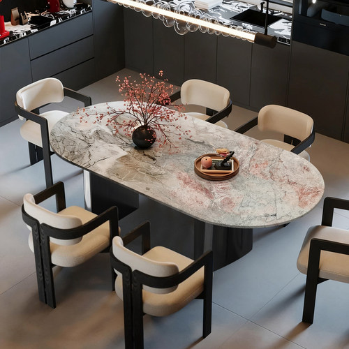 天然四季粉绿奢石餐桌椭圆形