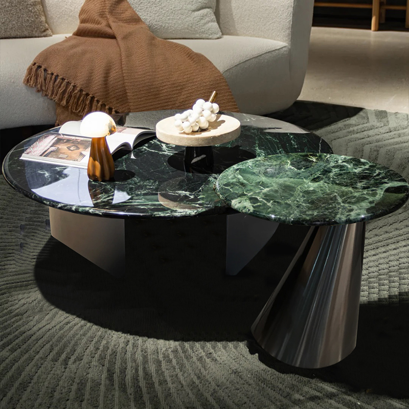 天然奢石茶几现代简约轻奢高端别墅大平层客厅圆形大理石茶几组合