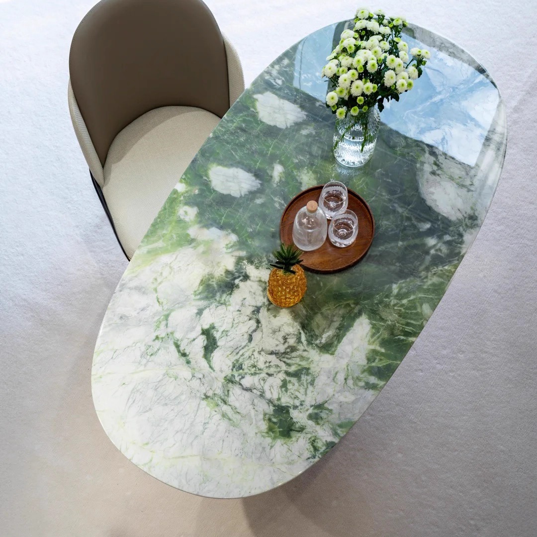 天然冰川绿奢石餐桌椭圆形中古风