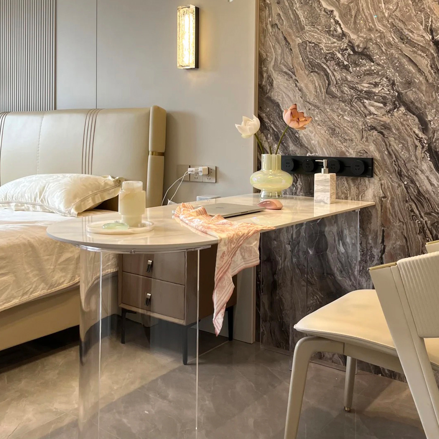 天然爵士白奢石半圆形书桌法式极简设计师轻奢别墅餐厅大理石书桌,住宅家具,大理石餐桌,淘宝优惠券,粉丝福利购,淘宝优惠卷