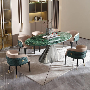 天然普拉达绿奢石餐桌意式极简客厅轻奢高级感椭圆形奢石餐桌椅