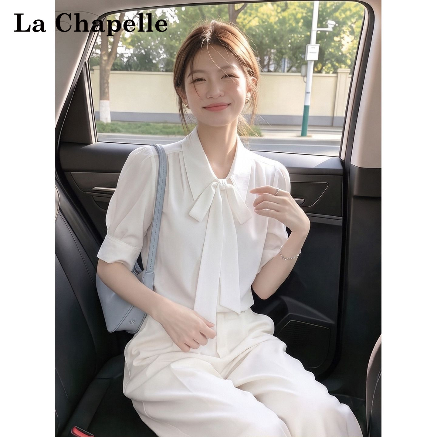 拉夏贝尔法式系带polo领衬衫女装夏新款商务通勤职业面试缎面上衣
