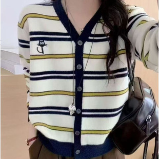 韩系慵懒风软糯条纹针织开衫 宽松显瘦百搭毛衣外套上衣 女春秋新款