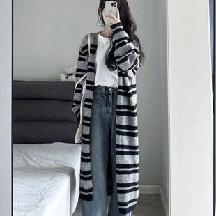 宽松设计感小众开衫 新款 上衣女 针织毛衣外套女秋季 复古条纹中长款