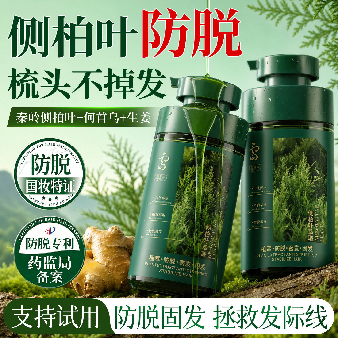 侧柏叶洗发水防脱发固发官方旗舰店控油蓬松去屑生姜何首乌斯曼草