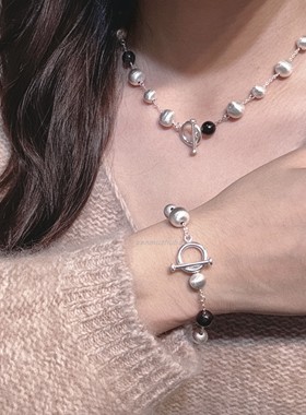 铜韩风ins风冷淡风个性极简设计感黑檀木拉丝珠TO扣项链手链套装