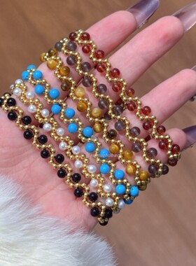 925纯银极简风高级感轻奢金珠虎眼石冰曜蓝松玛瑙石榴石珍珠手串