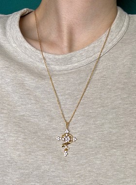 欧美中古十字架金蛇蛇形镶钻项链