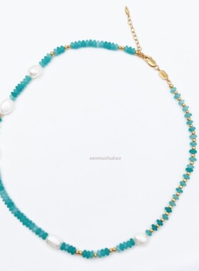 天然宝石青蓝色串珠珍珠项链欧美叠戴百搭度假风