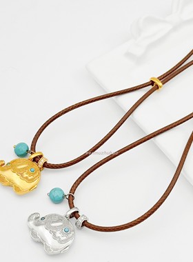 新中式复古925纯银松石小象吉象吊坠棕绳项链复古文艺抽拉毛衣链