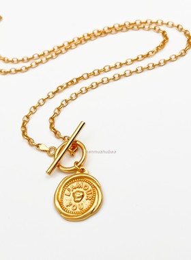 925银镀18k金玫瑰花浮雕硬币项链