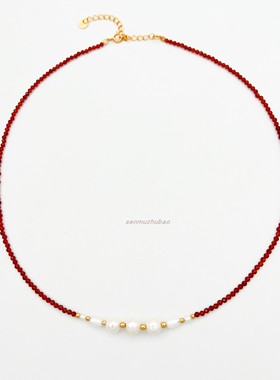欧美混彩红色玛瑙珍珠项链时尚锁骨链气质轻奢高级感新年节日礼物