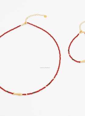 中国风复古925银气质高级感红玛瑙琉璃金鱼项链手链套装年年有余