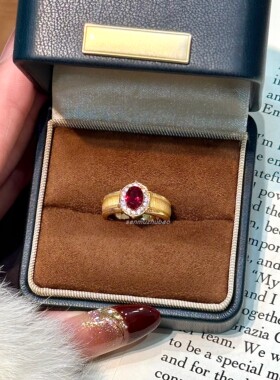 S925纯银Vintage中古风红宝石鸽子蛋拉丝戒指满镶钻气质精致戒指