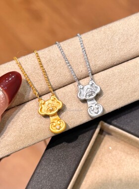 S925纯银新中式复古高级感轻奢拉丝玉如意抽拉项链国风复古气质女