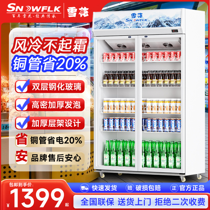 雪花展示柜商用超市大容量饮料柜冰箱双开门保鲜冷藏啤酒立式冰柜