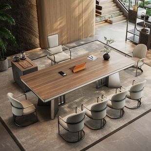 政府补贴意式 茶台办公室一体 轻奢木纹岩板大板茶台桌椅组合新中式