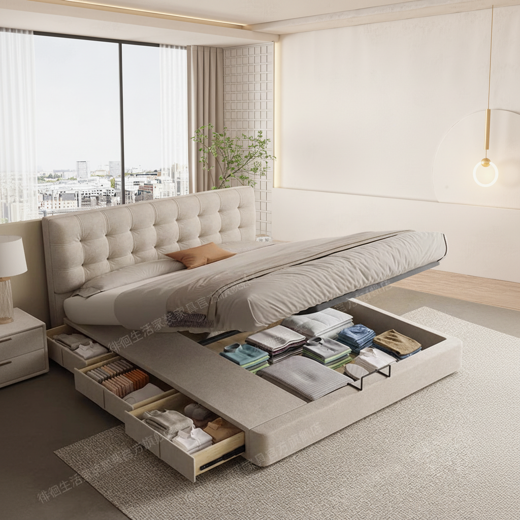 奶油风华夫格布艺床主卧储物婚床