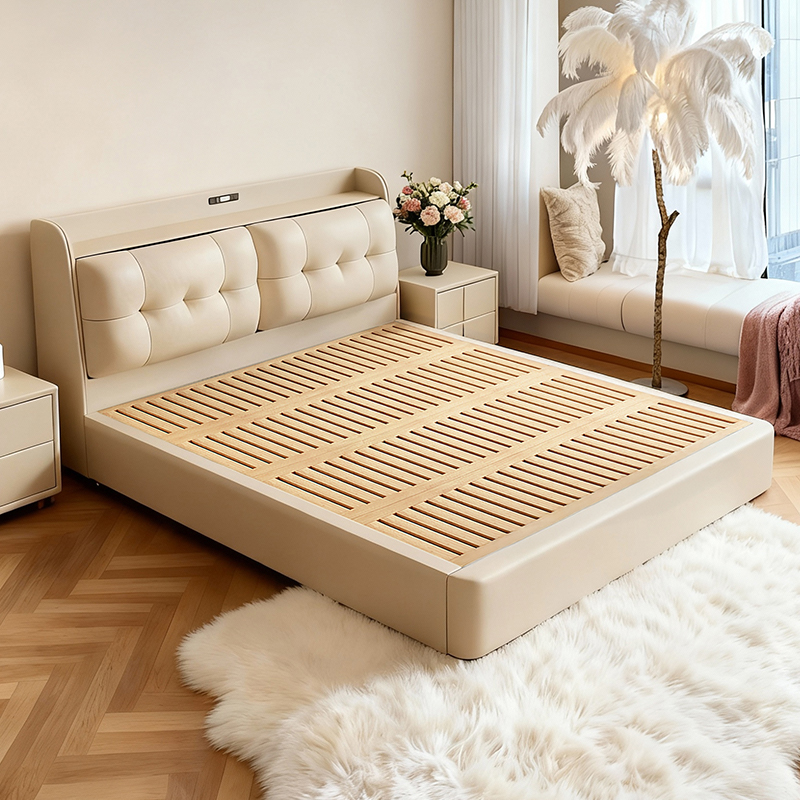 政府补贴奶油风床头储物真皮床主卧室现代简约双人床储物软包婚床