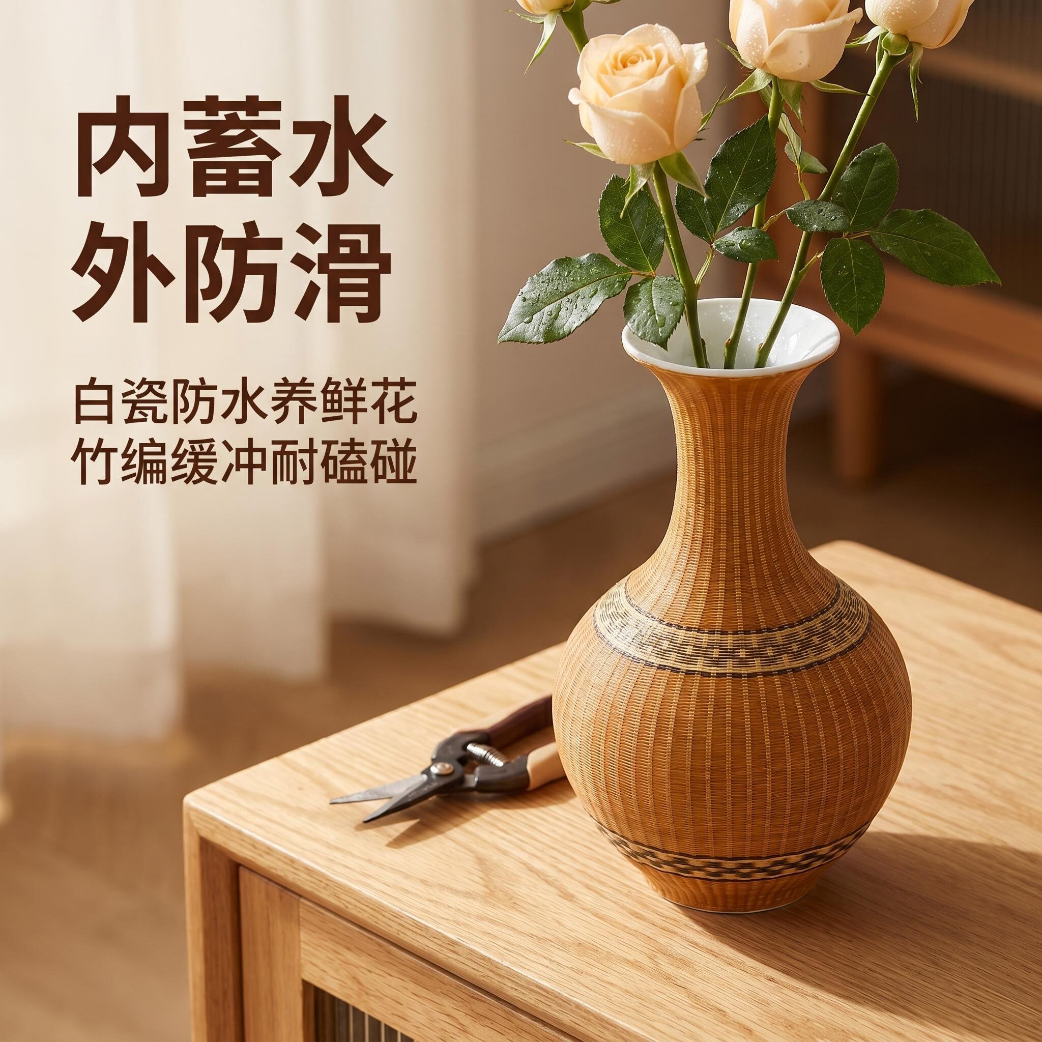 竹编花瓶摆件内蓄水外防滑白瓷防水养鲜花竹雕工艺品家居花器装饰