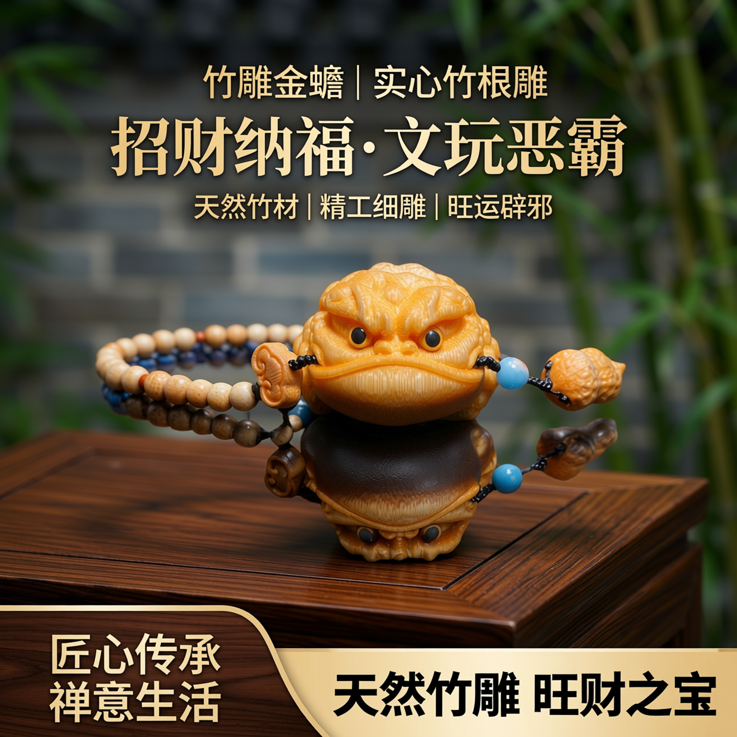 竹雕金蟾实心竹蛤蟆手把件竹子把玩件盘玩竹根雕蟾蜍文玩玉竹金蟾