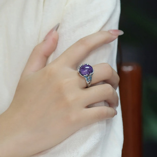 925银紫气东来戒指女新中式复古珐琅蝴蝶中国风蛋面开口指环古风