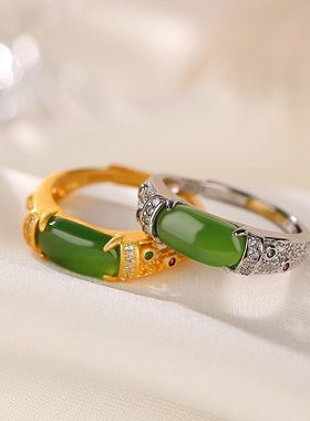 宫廷复古法金碧绿戒指开口可调节