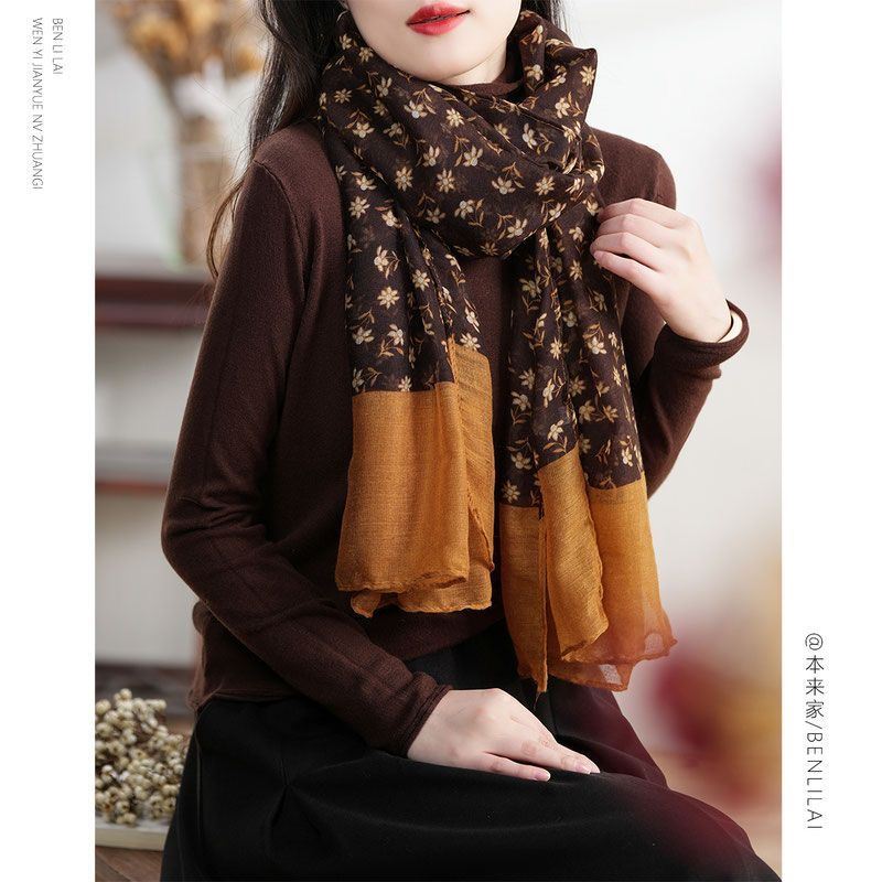 春秋时尚文艺碎花围巾百搭民族风复古长款防晒披肩外搭丝巾女新款
