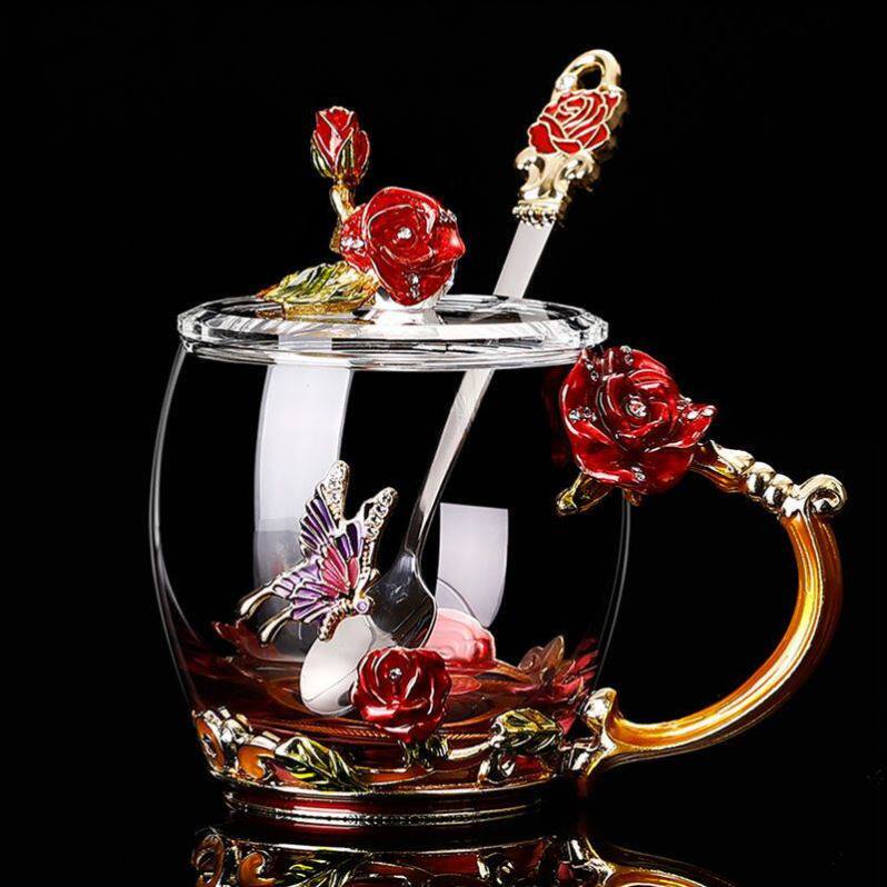 教师节老师礼物爆款欧式玫瑰珐琅彩玻璃水杯女士创意办公用带手柄