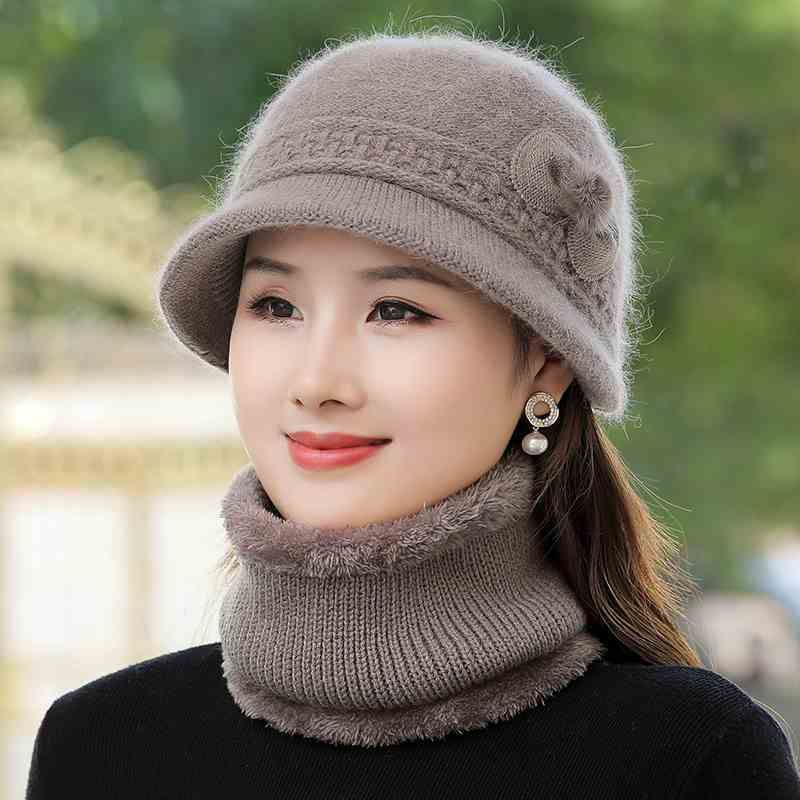 中老年人帽子女冬季妈妈帽冬天加绒加厚保暖奶奶毛线帽围脖两件套