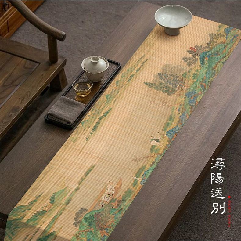 天然竹编竹茶席荷花山水图干泡茶席竹席新中式茶旗防水竹茶桌茶垫