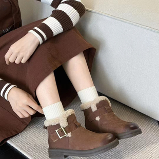 红珊瑚真皮加绒雪地靴女冬季厚底勃肯短靴保暖防滑扣带装饰棉鞋