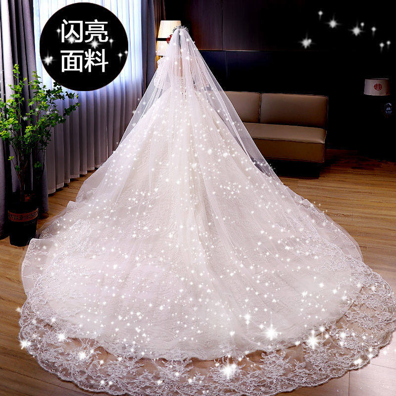 头纱长款拖尾星空亮闪短款大拍照道具主婚纱新娘结婚头饰超仙森系
