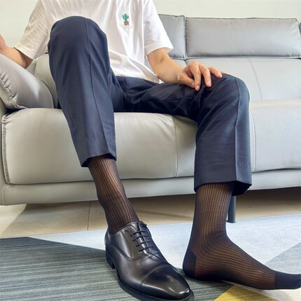 2双男士带根丝袜夏季薄款性感正装长筒透气日系锦纶正装商务丝袜