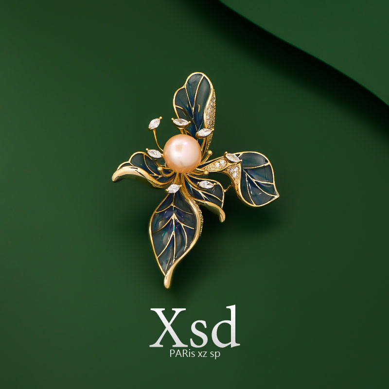 法式浪漫鸢尾花胸针高档女天然珍珠锆石胸花高级配饰西装毛衣别针