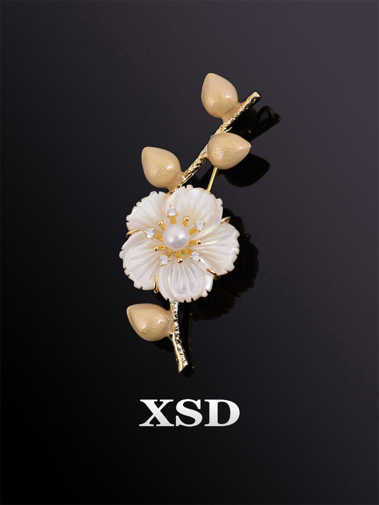 梅开五福天然母贝胸花女气质高档创意别针复古梅花胸针大衣装饰品