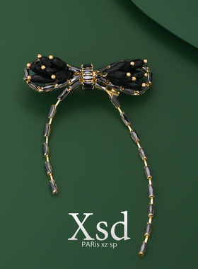 黑色蝴蝶结胸针高档女手工串珠元素金色流苏设计感西装大衣配饰潮