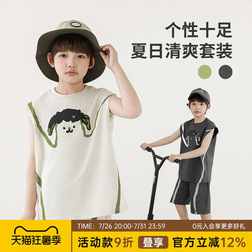 oddtails男童夏季纯棉套装薄款2025新款男孩无袖印花上衣休闲短裤