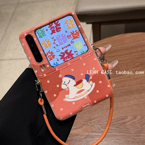 适用华为PuraX折叠屏手机壳pocket2新年波点小马小米mixflip2壳膜一体荣耀MagicV女款三星zflip6/7FE斜挎手提