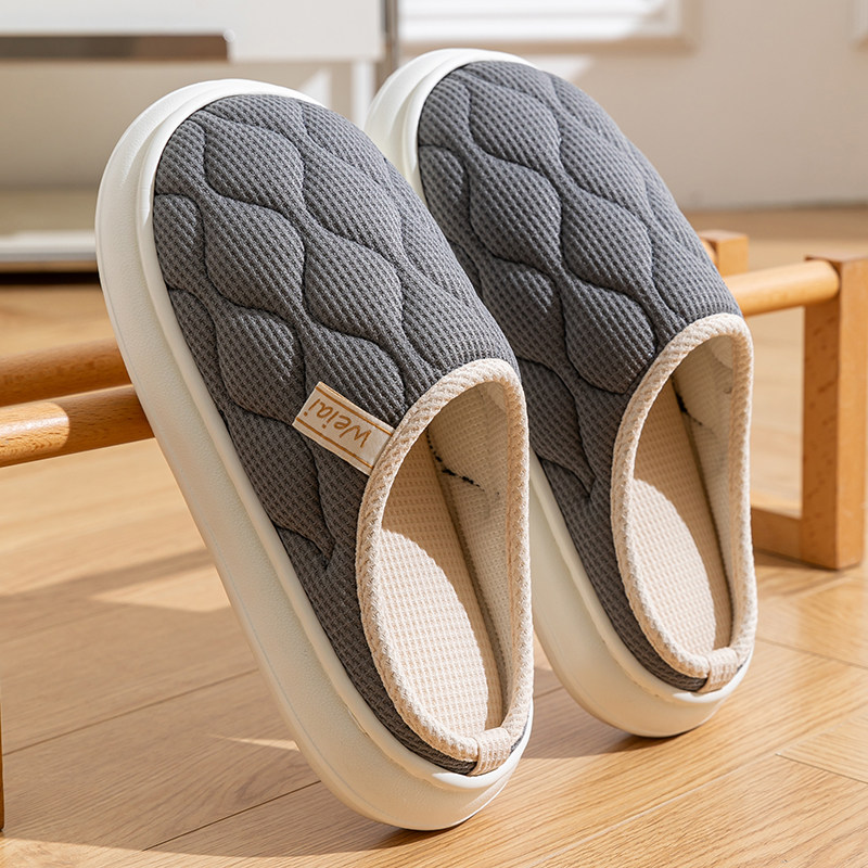 家用拖鞋春秋冬季四季女情侣家居家防滑室内透气棉麻布亚麻厚底男